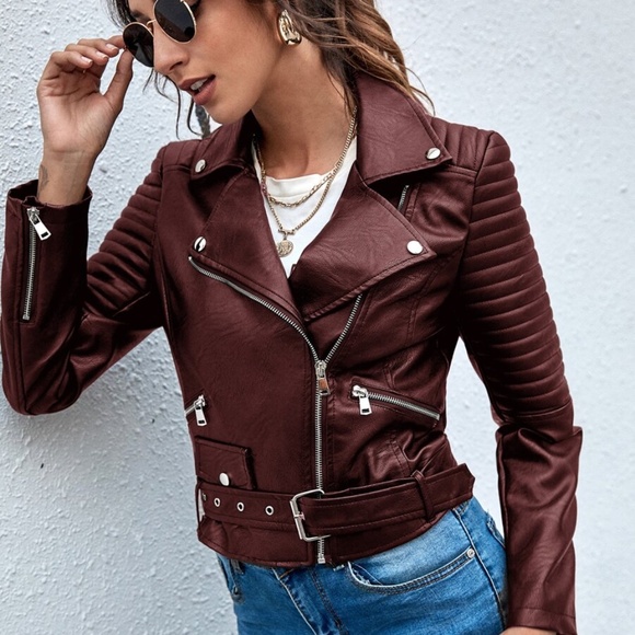 Camel leather zipper biker moto motorcycle jacket - Picture 4 of 9